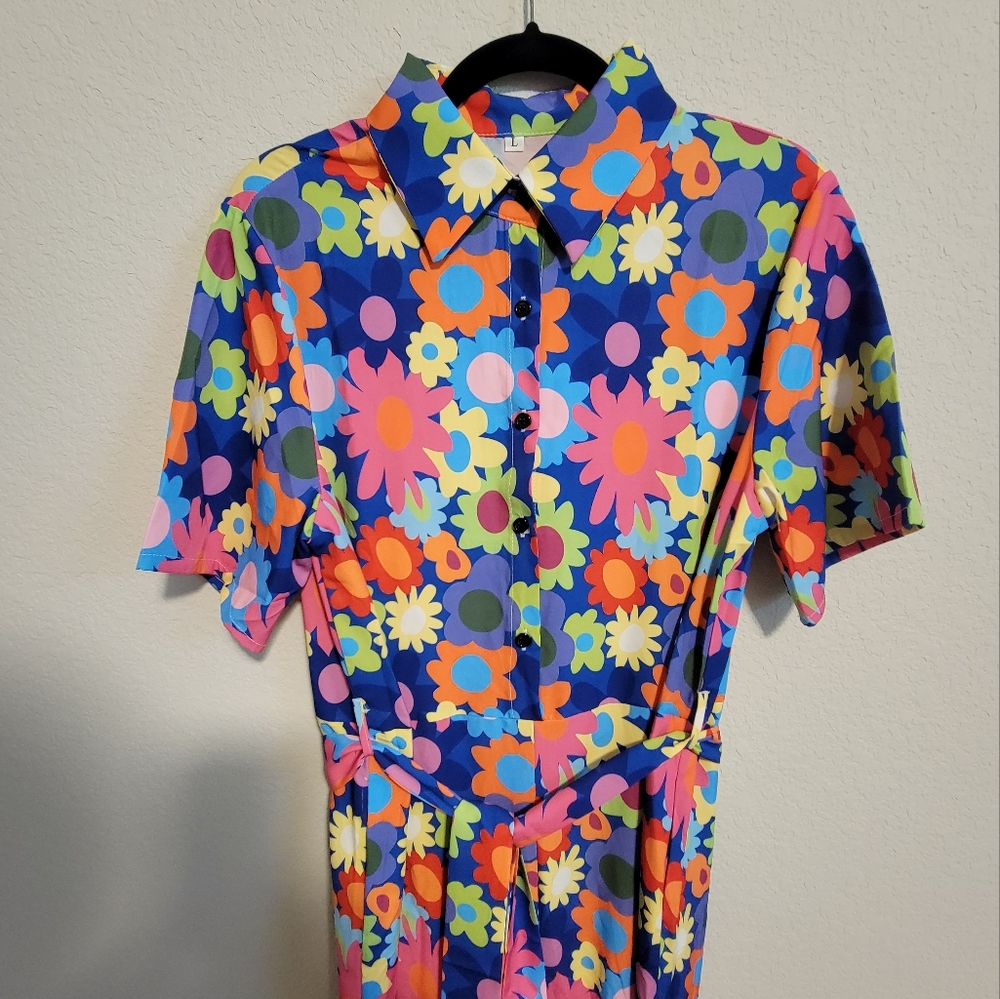 Bright Colorful flower wideleg jumpsuit boho pantsuit 60s floral L rainbow 90s